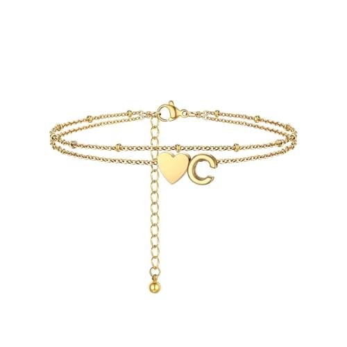 PROSTEEL Women Heart Anklet, A-Z Letter Initial Ankle Bracelet, Adjustable Double-Layer Foot Chain for Beach Summer, Silver/Gold Plated 316L Stainless Steel (with Gift Box) Gold Plated - C