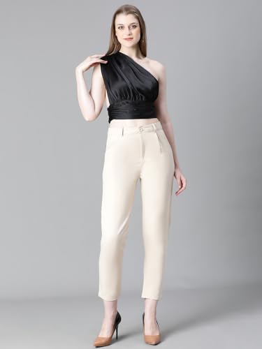 Image of oxolloxo Women Solid Elasticated One-Off Shoulder Satin Crop Top