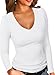 ELFIN Damen Langarmshirt Gerippt Stretch Pullover Sexy V Ausschnitt Langarm Oberteile Slim Fit Basic T-Shirt Tops (M, Weiß) Shirt Damen günstig Kaufen-ELFIN Damen Langarmshirt Gerippt Stretch Pullover Sexy V Ausschnitt Langarm Oberteile Slim Fit Basic T-Shirt Tops (M, Weiß)