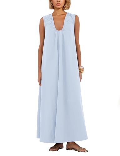 Image of Livtany Women's Scoop Neck Ruched Maxi Dress Flowy Swing Wide Straps Long Dress Casual Sleeveless Sundress with Side Pockets