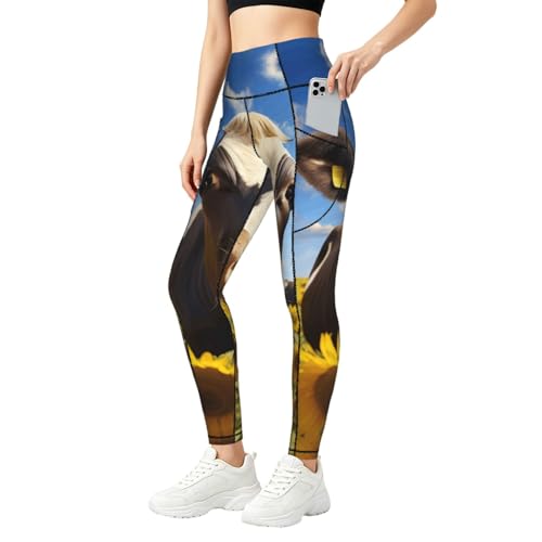 Leggings con control de abdomen y bolsillos con estampado de girasoles azul