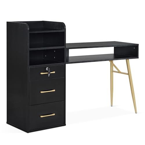 BarberPub Manicure Table with 3 Drawers & 4 Shelves, Nail Desk with Golden Handles and Legs, Nail Table for Nail Tech, Beauty Spa Workstation Equipment DC2605 (Black)