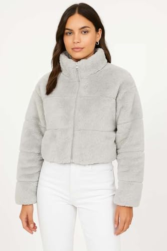 Image of KOTTY Women's Coral Fabric Winter Grey Jacket - Ultra-Soft Warm Wear with Plush Texture and Premium Comfort Fit