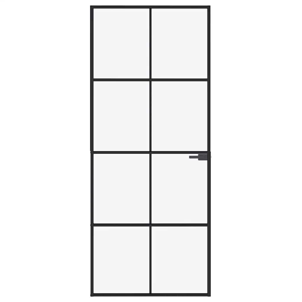 vidaXL Innentür, Zimmertür Komplettset 83x201,5cm, Glastür mit Griff Eisenschloss, Drehtür Tür aus Glas, Modern, Schwarz Hartglas Aluminium Schlank