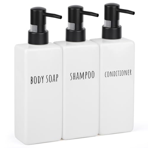 Image of Segbeauty Square Soap Dispenser, 3 Pack Plastic Modern Bathroom Dispenser, 16.9oz Refillable Shampoo and Conditioner Bottle, 500ml Empty Lotion Gel Bottle for Body Shower Modern Bathroom