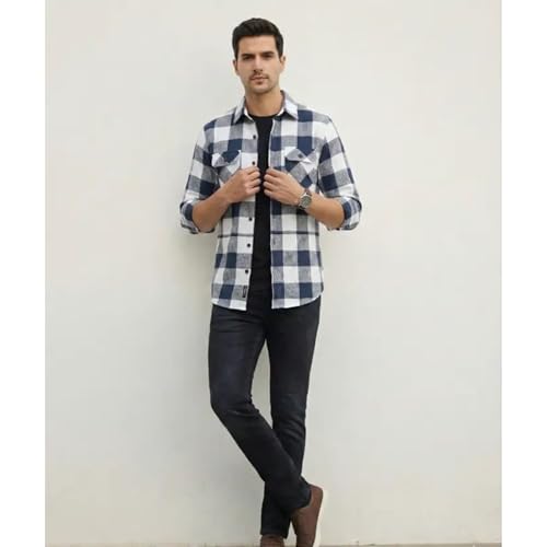 Image of MiraMichi Men's Pure Cotton Blue Checkered Full Sleeve Shirt - Regular Fit, Casual Wear, Comfortable and Stylish Design