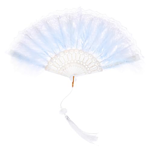 MECCANIXITY Feather Hand Fan Blue Vintage Folding Fan with Tassels, 43x23cm, 1 Pcs