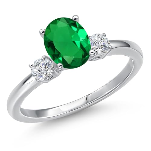 Gem Stone King 14K White Gold Green Nano Emerald and White Lab Grown Diamond Engagement Ring For Women | 0.95 Cttw | Oval 8X6MM | Gemstone May Birthstone | Size 9