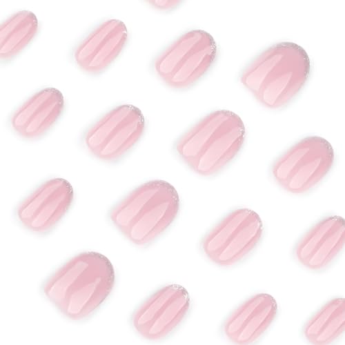 Image of Nude Press on Nails Silver Glitter French Tip Fake Nails Short Oval Nail Press ons Reusable Glossy Full Cover Stick on Nail for Women Manicure 24Pcs