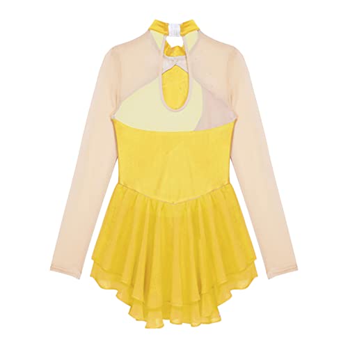 Chictry Ice Figure Skating Dress Girls Competition Long Sleeve Gymnastics Costume Ballet Dance Leotard Dress Yellow 6 Years #TOP3