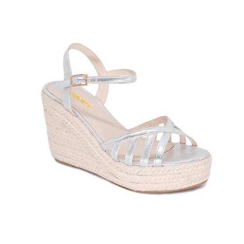 QDEGUY Platform High Heels Medium Width Comfortable Wedge Sandals for Women Dressy Espadrilles Wedding Summer (silver 6)