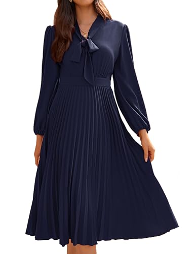 GRACE KARIN Women's Long Sleeve V-Neck Pleated Midi Dress A-Line Dress for Office Business Work Navy Blue 42
