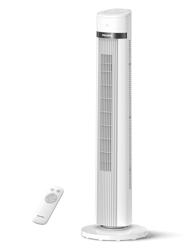 Image of PELONIS 40 inch Bladeless Tower Fan for Bedroom, Standing Fan with Remote Control, 26ft /s, 90 Oscillation, 3 Speed Settings, 27dB, 3 Modes, 15-Hour Timer, LED Display, Fan that Blows Cold Air, White