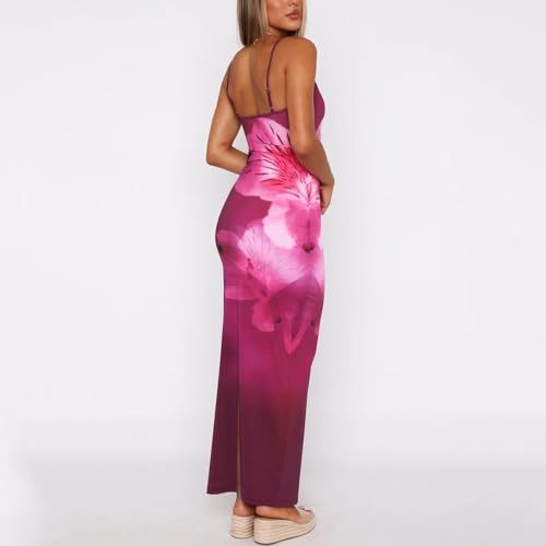 Image of Womens Summer Casual Floral Dresses Spaghetti Strap Bodycon Maxi Beach Dress Elegant Evening Party Long Dresses