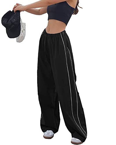 Women Y2K Baggy Track Pants Elastic Waist Wide Leg Parachute Jogger Sweatpants