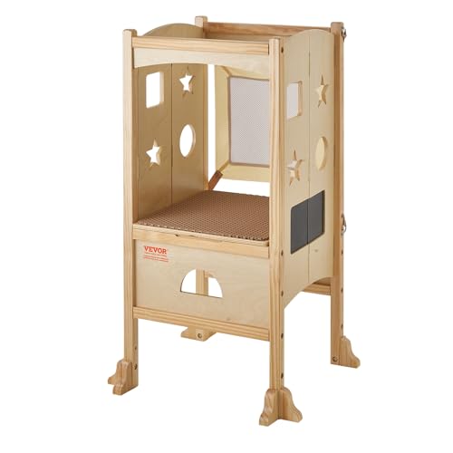 VEVOR Taburete plegable para niños pequeños, ajustable de 3 alturas, ayudante de cocina para niños, taburete de aprendizaje de torre de pie de madera maciza natural con protector de seguridad para