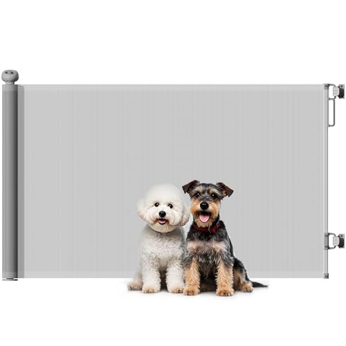PawHut Barrera para Perros Retráctil 0-140 cm Puerta para Perros Pequeños Extensible Barrera de Seguridad para Mascotas con Interruptor de Cierre para Escaleras Puertas Pasillos Gris