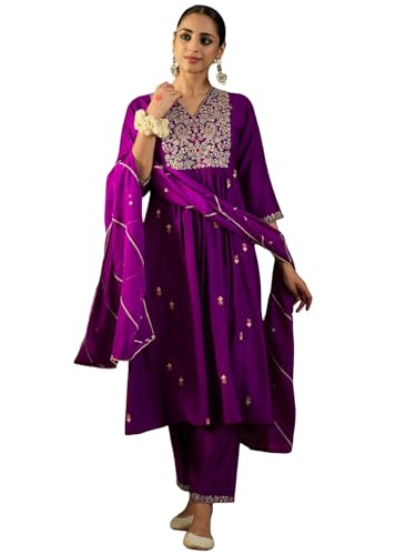 Marigold House Purple Embroidered A-Line Kurta Set