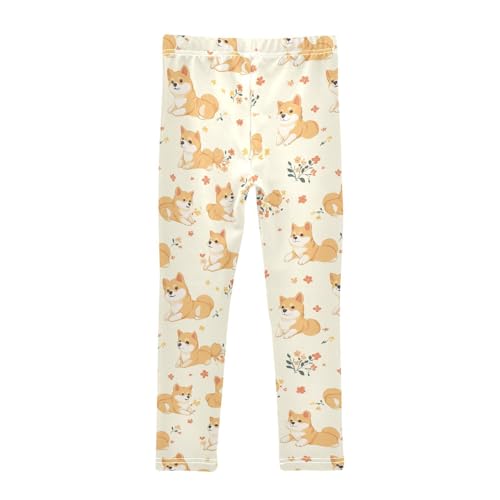 Wusikd Cute Shiba Inu Dog Girls' Leggings Toddler Doodles Flowers Kids Yoga Pants Dance Active Tights 4T2