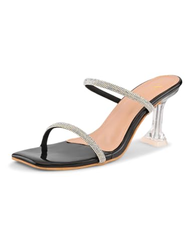 Image of XE Looks Women's Rhinestone Double Strap Slip-On Heeled Sandals with Transparent Sculpted Heel | Soft Cushioned Footbed | Elegant Open Square Toe Sandals for Girls & Women