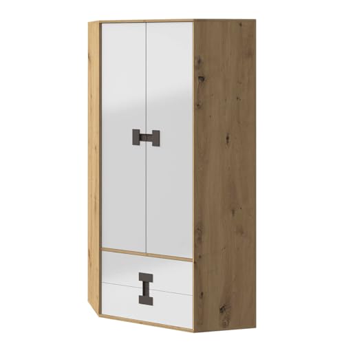 Mirjan24 Satton SA02 - Armadio ad angolo con ante girevole con asta, scomparti e 2 cassetti, armadio ad angolo, armadio per cameretta dei bambini (rovere Artisan/bianco lucido)