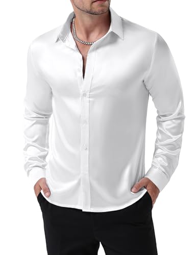 JEMITOP Mens Shiny Luxury Satin Slim Fit Dress Shirts Silk-Like Glossy Long Sleeve Button Down Shirts for Wedding Party Prom White L