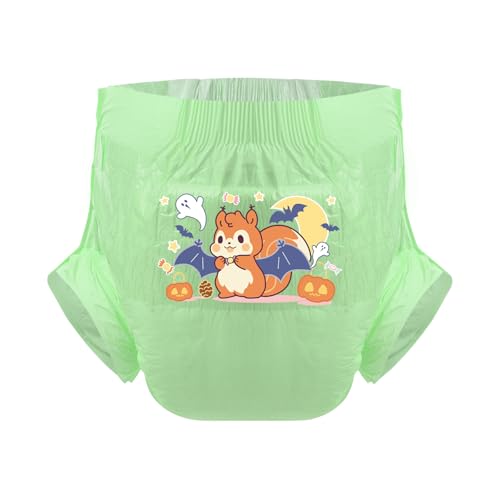CutiePlusU Pañales para adultos 3 unidades, superficie seca, máxima absorción durante la noche, pañales desechables para incontinencia – Halloween Squirrel Green (M 71-96 cm)