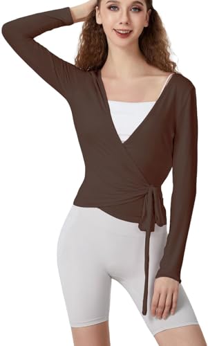 Siyova Women Long Sleeve Cross Wrap Tops Casual Slim Fitted Shirts Deep V-Neck Tie Tops Workout Pilates Ballet Yoga Gym Sports Top Cardigan (Coffee, M)
