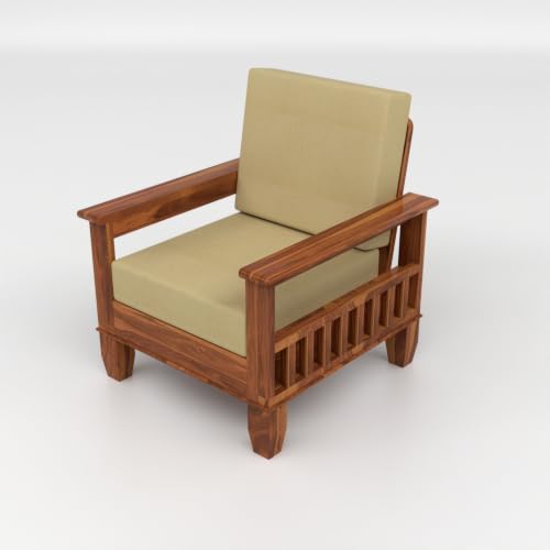 Image of Solid Sheesham Wood 1 Seater Sofa for Living Room | Premium Wooden Armchair with Side Magazine Rack | Cushioned Fabric Seat | Modern Single Sofa Chair for Home & Office