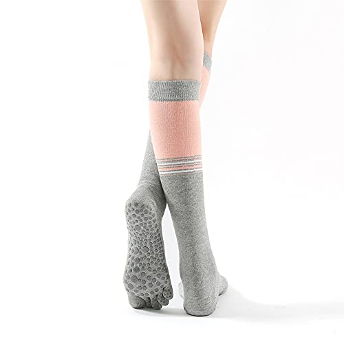 Laiiqi Meias até o joelho, meias de ioga com cinco dedos para mulheres, antiderrapantes, Listras cin