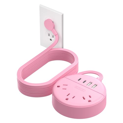 NTONPOWER Pink Power Strip, 5ft Extension Cord, 3 AC Outlets & 2 USB C & 2 USB A, Flat Extension Cord, Wall Mount, Flat Plug Power Strip for Home, Dorm, Vanity Desk, Nightstand, Women Travel