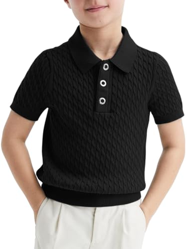 Image of Haloumoning Boys Cable Knit Polo Shirt Sweater Kids Short Sleeve Fashion Pullover T-Shirts Clothes 5-14 Years