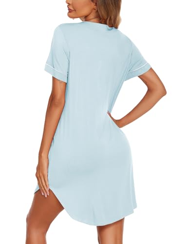 Image of Ekouaer Nightgowns for Women Button Down Night Gowns Short Sleeve Sleep Shirt V Neck Nightshirt Soft Sleepwear Pajams Dress