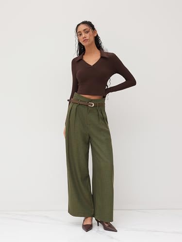CIDER Houndstooth High Waist Belted Wide Leg Trousers3