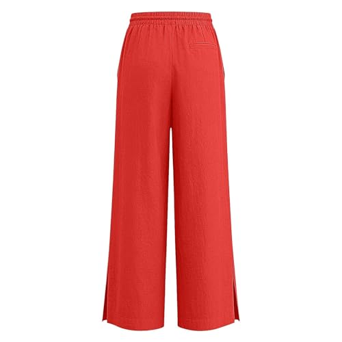 Image of Girls Linen Pants Wide Leg School Uniform Pants Cozy Elastic Waist Summer Casual Beach Lounge Trousers with Pockets