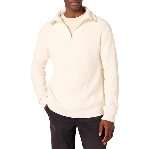 Amazon Essentials Men's Quarter-Zip Rib-Knit Relaxed-Fit Sweater, Eggshell White, Medium