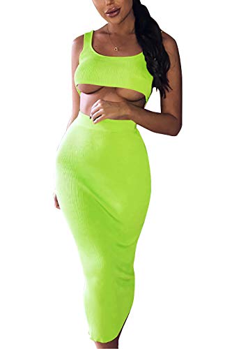 Velius Women s Scoop Neck Neon Bodycon Two Piece Pencil Maxi Dress Clubwear Outfits (Neon Yellow, Medium)