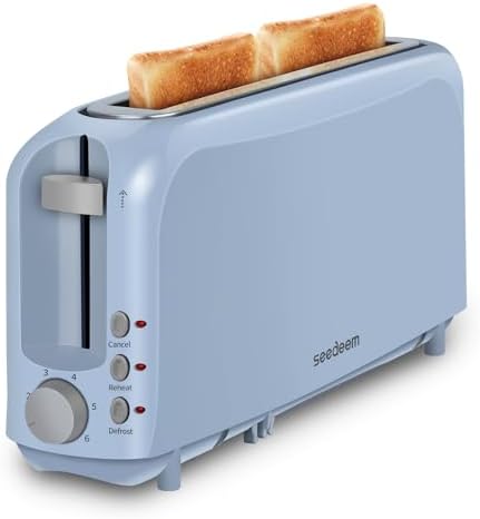 SEEDEEM 2 Slice Slim Toaster, Single 10" Long Slot Toaster Fits Bagels & Artisan Bread, 6 Shade Settings, Cancel/Reheat/Defrost, Removable Crumb Tray, Auto Shut-Off, Blue