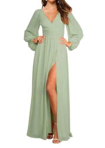 SAYNO Abito da damigella d'onore da donna a maniche lunghe con tasche, linea ad A, plissettato, scollo a V, abito da festa formale con spacco, Verde salvia, 34