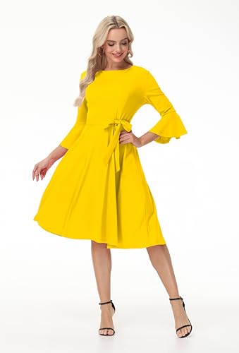 Image of Hostoyo Church Dress for Women Wedding Guest Cocktail Party Dresses Evening Prom Formal Modest Gowns Crew Neck Bell Sleeve