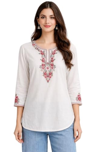 Image of HAUTEMODA Women Cotton Floral Embroidered Short Kurti, Tunic, Three-Fourth Sleeves, White