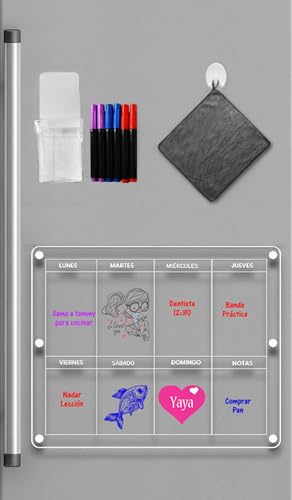 BuMart - Calendario para nevera magnetico - Calendario Semanal + Accesorios para tu frigorífico | Transparente | Pizarra nevera | (Semanal)