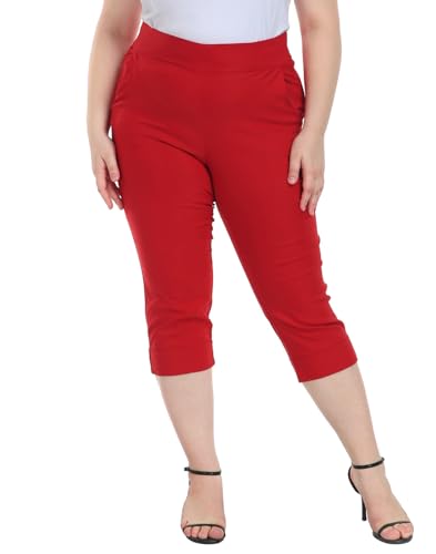 HDE Plus Size Pull On Capri Pants for Women with Pockets Elastic Waist Commuter Travel Casual Work Cropped Pants with Cuff Red - 1X