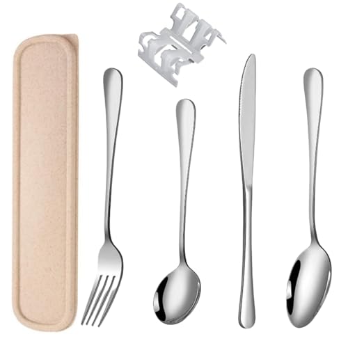 Set Posate da Viaggio Portatili, Set di 6 Pezzi Riutilizzabili in Acciaio Inox Forchette, Cucchiai E Coltello con Custodia per Campeggio, Scuola e Lavoro (Beige)
