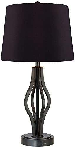 360 Lighting Heather Modern Industrial Table Lamps 25 3/4" Tall Set Of 2 With Usb Charging Port Dark Iron Bronze Black Faux Silk Drum Shade For Bedroom Living Room House Home Desk Bedside #TOP4