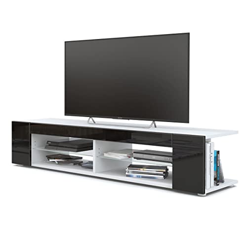 Vladon Mueble TV Movie, Cómoda TV con 4 Compartimentos Abiertos y Franjas Decorativas, Blanco Mate/Negro de Alto Brillo (134 x 29 x 39 cm)