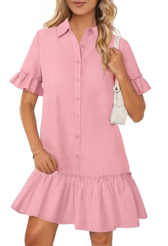 MEROKEETY Women's Summer Button Down Shirt Dress Casual Ruffle Sleeve
