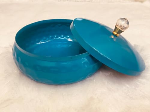 Image of Non Airtight 7 inch Hammered Metal bowl with crystal Lid - Return Gift (Dark Turquoise)