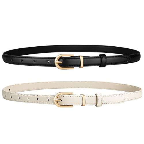 2 Pack Women's Skinny Genuine Leather Belt Gold Buckle for Jeans
