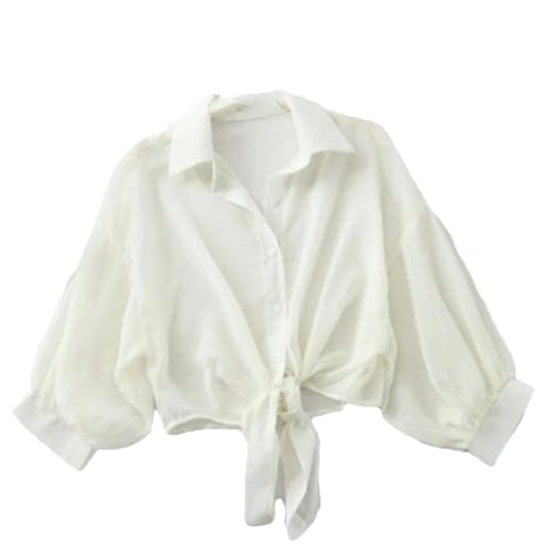 Camisa fina para mujer, manga farol, manga corta, color liso, con botones, solapa, camisa de gasa, beige, Altoa única